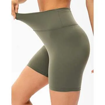 Lavento Women's Naked Feeling Biker Shorts 6 inch - High Waisted Ultra Soft Workout Yoga Shorts with Rear Pocket (Olive Green, 6)