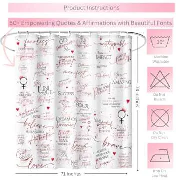 Girl Boss. Cute Boss Lady Shower Curtain with Inspirational Quotes & Affirmations - Motivational Bathroom Decor, Reinforced Buttonholes, for Showers, Stalls & Bathtubs 71" W x 74" H