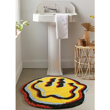 Estmy Be Happy Cute Retro Vintage Bathroom Rugs 2ft Round Bath Mat Non Slip Washable, Groovy Funky C...