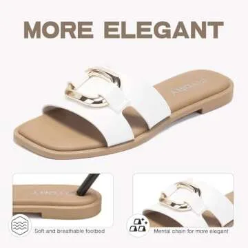 FITORY Women's Flat Sandals Fashion Square Open Toe Slides With Metal Chain Slippers for Summer Size 8 White