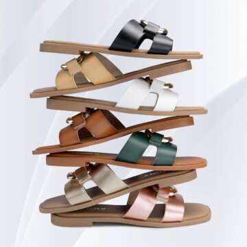 FITORY Women's Flat Sandals Fashion Square Open Toe Slides With Metal Chain Slippers for Summer Size 8 White