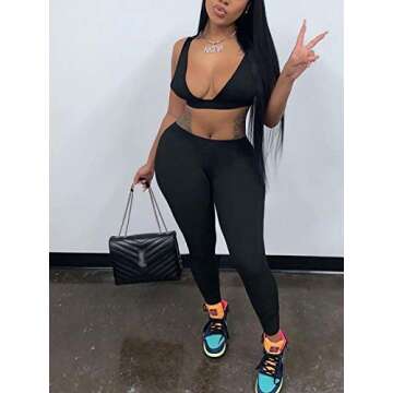 Ekaliy Women's Workout Outfit 2 Pieces High Waist Bodycon Yoga Leggings and Sleeveless Crop Top Gym Clothes Set Tracksuit