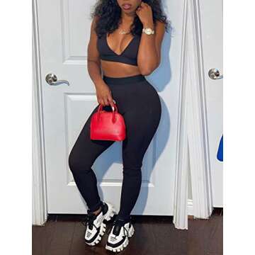 Ekaliy Women's Workout Outfit 2 Pieces High Waist Bodycon Yoga Leggings and Sleeveless Crop Top Gym Clothes Set Tracksuit