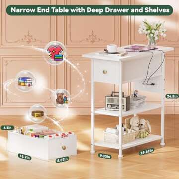 YILQQPER Narrow End Table with Charging Station, Narrow Nightstand with LED Light, Skinny Bedside Ta...