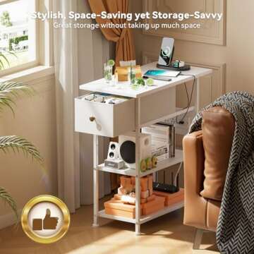 YILQQPER Narrow End Table with Charging Station, Narrow Nightstand with LED Light, Skinny Bedside Table with Drawer and Shelves, Slim Side Table for Bedroom, Living Room, Small Spaces, White