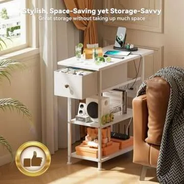 YILQQPER Narrow End Table with Charging Station, Narrow Nightstand with LED Light, Skinny Bedside Table with Drawer and Shelves, Slim Side Table for Bedroom, Living Room, Small Spaces, White