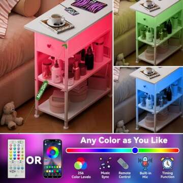 YILQQPER Narrow End Table with Charging Station, Narrow Nightstand with LED Light, Skinny Bedside Table with Drawer and Shelves, Slim Side Table for Bedroom, Living Room, Small Spaces, White