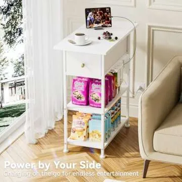 YILQQPER Narrow End Table with Charging Station, Narrow Nightstand with LED Light, Skinny Bedside Table with Drawer and Shelves, Slim Side Table for Bedroom, Living Room, Small Spaces, White