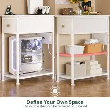 YILQQPER Narrow End Table with Charging Station, Narrow Nightstand with LED Light, Skinny Bedside Table with Drawer and Shelves, Slim Side Table for Bedroom, Living Room, Small Spaces, White