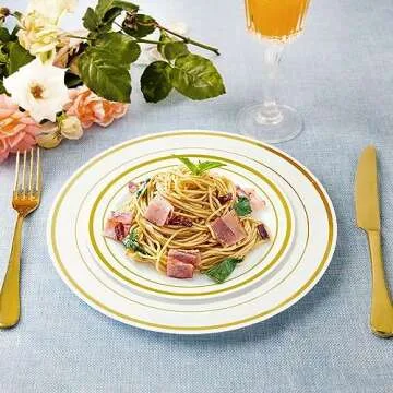 Elegant Gold Trim Plastic Dinner Plates - Set of 100