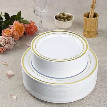 Elegant Gold Trim Plastic Dinner Plates - Set of 100
