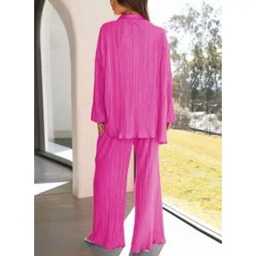 ARTFREE Womens Loungewear Set 2 Pieces Casual Pleated Outfits Sweatsuits Long Sleeve Button Down Shirt and Palazzo Pants