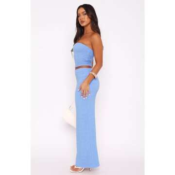 Skirt Sets Women 2 Piece Outfits Sexy Summer Strapless Tube Top Casual Bodycon Dresses Split Y2k Long Skirt Light Blue-S