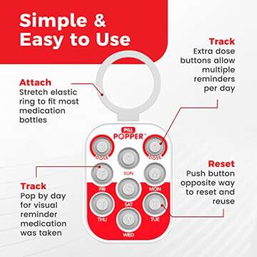 Pill Popper Medication Tracker, Daily Pill Reminder, Small and Portable Memory Aid with Buttons, Attaches to Pill Container, Tracks up to 3 Doses per Day, Multicolor, 3-Pack - Easy To Use Products