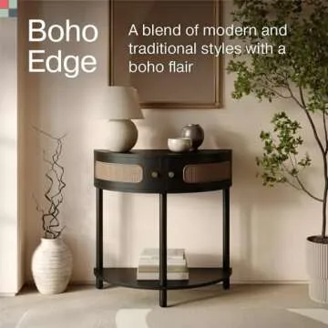 Stead Rattan Half Moon Entry Table with Storage for Compact Spaces