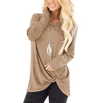 SHIBEVER Casual Fall Long Sleeve Women Tops - Khaki Tunic Tee