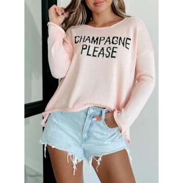 Women's Pink Champagne Please Graphic Sweater Casual Slogan Loose Crew Neck Long Sleeve Knitted Sweatshirt Pullover Tops