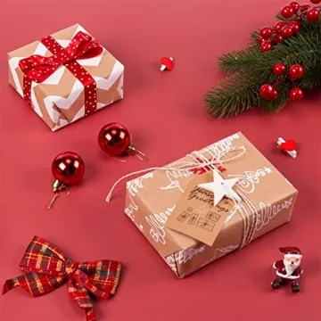 RUSPEPA Christmas Wrapping paper - Brown Kraft Paper with 3D White Christmas Elements Print Paper - 4 Roll-30Inch X 10Feet Per Roll