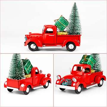 AerWo Christmas Red Truck Decor, 8.3'' Vintage Red Metal Truck with 5pcs Mini Christmas Ornaments, Upgraded Handcrafted Old Metal Pickup Truck Car Model for Christmas Decorations Table Top Decor
