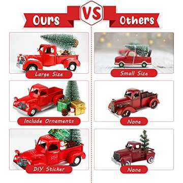 AerWo Christmas Red Truck Decor, 8.3'' Vintage Red Metal Truck with 5pcs Mini Christmas Ornaments, Upgraded Handcrafted Old Metal Pickup Truck Car Model for Christmas Decorations Table Top Decor