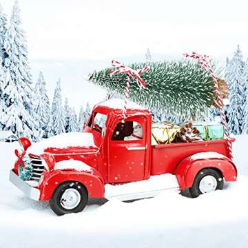 AerWo Christmas Red Truck Decor, 8.3'' Vintage Red Metal Truck with 5pcs Mini Christmas Ornaments, Upgraded Handcrafted Old Metal Pickup Truck Car Model for Christmas Decorations Table Top Decor