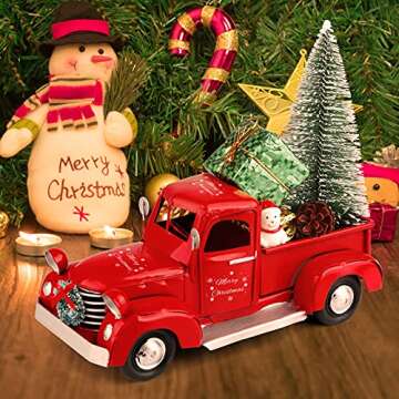 AerWo Christmas Red Truck Decor, 8.3'' Vintage Red Metal Truck with 5pcs Mini Christmas Ornaments, Upgraded Handcrafted Old Metal Pickup Truck Car Model for Christmas Decorations Table Top Decor