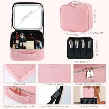 ZhenGuiRu Makeup Bag with LED Mirror, Portable Travel Makeup Artist Organizer Bag with Lighted Mirror, Waterproof Makeup Train Case with Adjustable Dividers, Pink Makeup Gift for Women
