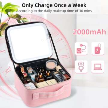 ZhenGuiRu Makeup Bag with LED Mirror, Portable Travel Makeup Artist Organizer Bag with Lighted Mirror, Waterproof Makeup Train Case with Adjustable Dividers, Pink Makeup Gift for Women