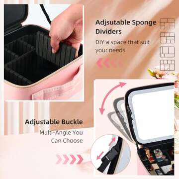 ZhenGuiRu Makeup Bag with LED Mirror, Portable Travel Makeup Artist Organizer Bag with Lighted Mirror, Waterproof Makeup Train Case with Adjustable Dividers, Pink Makeup Gift for Women