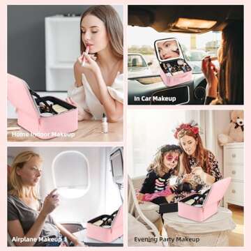 ZhenGuiRu Makeup Bag with LED Mirror, Portable Travel Makeup Artist Organizer Bag with Lighted Mirror, Waterproof Makeup Train Case with Adjustable Dividers, Pink Makeup Gift for Women
