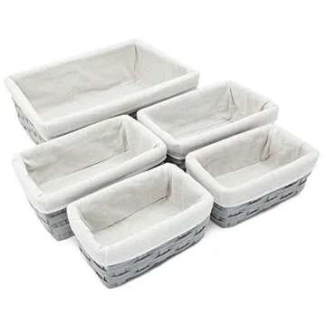 Juvale 5 Pack Wicker Nesting Baskets with Cloth Lining for Pantry Shelves, Rectangular Storage Bins for Organizing Closet (Gray, 3 Sizes)