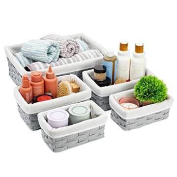 Juvale 5 Pack Wicker Nesting Baskets with Cloth Lining for Pantry Shelves, Rectangular Storage Bins for Organizing Closet (Gray, 3 Sizes)