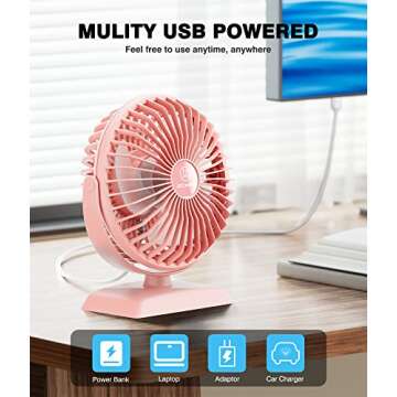 JZCreater USB Desk Fan, USB Fan Mini, 360 Rotation Desktop Fan with 3 Speed, Table Personal Cooling Fan, Quiet Mini Desk Fan, USB Powered, Small Fan for Home Office Bedroom Car Travel, Pink