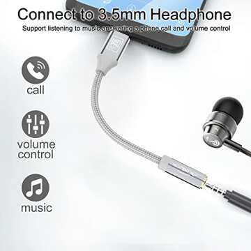 AuxLink USB C to 3.5mm Audio Adapter, USB Type C Headphone Adapter, USB C to 3.5mm Female Adapter Nylon Braided Cable Hi-Fi DAC Chip for Samsung Galaxy S21 S20 S10, Pixel 4 3 XL, iPad Pro and More