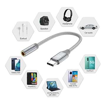 AuxLink USB C to 3.5mm Audio Adapter, USB Type C Headphone Adapter, USB C to 3.5mm Female Adapter Nylon Braided Cable Hi-Fi DAC Chip for Samsung Galaxy S21 S20 S10, Pixel 4 3 XL, iPad Pro and More
