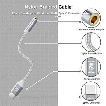 AuxLink USB C to 3.5mm Audio Adapter, USB Type C Headphone Adapter, USB C to 3.5mm Female Adapter Nylon Braided Cable Hi-Fi DAC Chip for Samsung Galaxy S21 S20 S10, Pixel 4 3 XL, iPad Pro and More