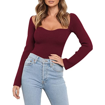 LILLUSORY Womens Going Out Tops 2024 Lady Long Sleeve Cute Date Night Fashion Outfits Fitted Burgund...