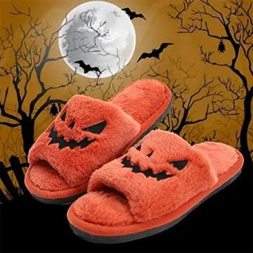 TITTOK Spooky Slides Halloween Slippers Jack O Lantern Pumpkin Soft Plush Cozy Open Toe Indoor Outdoor Fuzzy Slippers Gifts For Girls Women Girlfriend Men