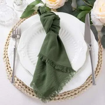 DeZerlor 12 Pack Olive Green Cotton Linen Napkins with Fringe Spring Cloth Napkins Set of 12 Boho Ea...
