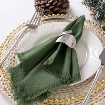 DeZerlor 12 Pack Olive Green Cotton Linen Napkins with Fringe Spring Cloth Napkins Set of 12 Boho Easter Green Napkins for Wedding Bridal Baby Shower Tea Party St Patrick's Day, 17 x 17 Inches
