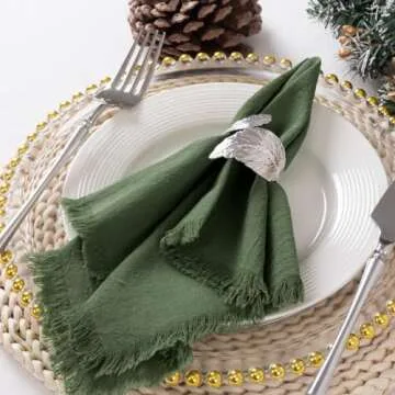 DeZerlor 12 Pack Olive Green Cotton Linen Napkins with Fringe Spring Cloth Napkins Set of 12 Boho Easter Green Napkins for Wedding Bridal Baby Shower Tea Party St Patrick's Day, 17 x 17 Inches