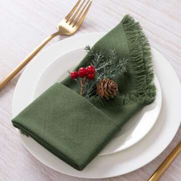 DeZerlor 12 Pack Olive Green Cotton Linen Napkins with Fringe Spring Cloth Napkins Set of 12 Boho Easter Green Napkins for Wedding Bridal Baby Shower Tea Party St Patrick's Day, 17 x 17 Inches