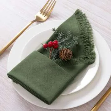 DeZerlor 12 Pack Olive Green Cotton Linen Napkins with Fringe Spring Cloth Napkins Set of 12 Boho Easter Green Napkins for Wedding Bridal Baby Shower Tea Party St Patrick's Day, 17 x 17 Inches