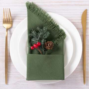 DeZerlor 12 Pack Olive Green Cotton Linen Napkins with Fringe Spring Cloth Napkins Set of 12 Boho Easter Green Napkins for Wedding Bridal Baby Shower Tea Party St Patrick's Day, 17 x 17 Inches