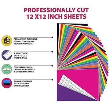 Kassa 60-Piece Permanent Vinyl Sheets | 10 Bold Colors in 12" x 12" with a Squeegee Included | Compatible with Cricut, Silhouette & Other Cutting Machines | for DIY Art Projects, Styling & Decorating