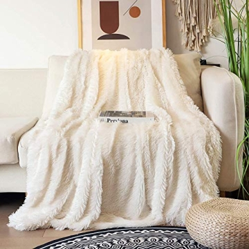 Tuddrom Decorative Extra Soft Faux Fur Blanket Queen Size 80"x90",Solid Reversible Fuzzy Long Hair S...