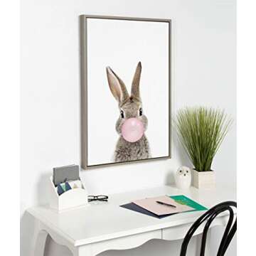 Kate and Laurel Sylvie Bubblegum Bunny Framed Canvas Wall Art by Amy Peterson, 23x33 Gray, Whimsical...