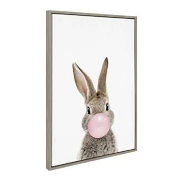 Kate and Laurel Sylvie Bubblegum Bunny Framed Canvas Wall Art by Amy Peterson, 23x33 Gray, Whimsical Baby Animal Art