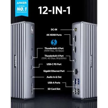 Anker 777 Thunderbolt Docking Station (Apex, 12-in-1, Thunderbolt 4), Max 90W Charging for Laptop, 2...