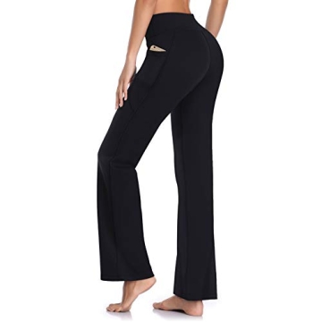 HISKYWIN Side Pockets Yoga Pants with 4 Way Stretch for Tummy Control - Long Bootleg Flare Design